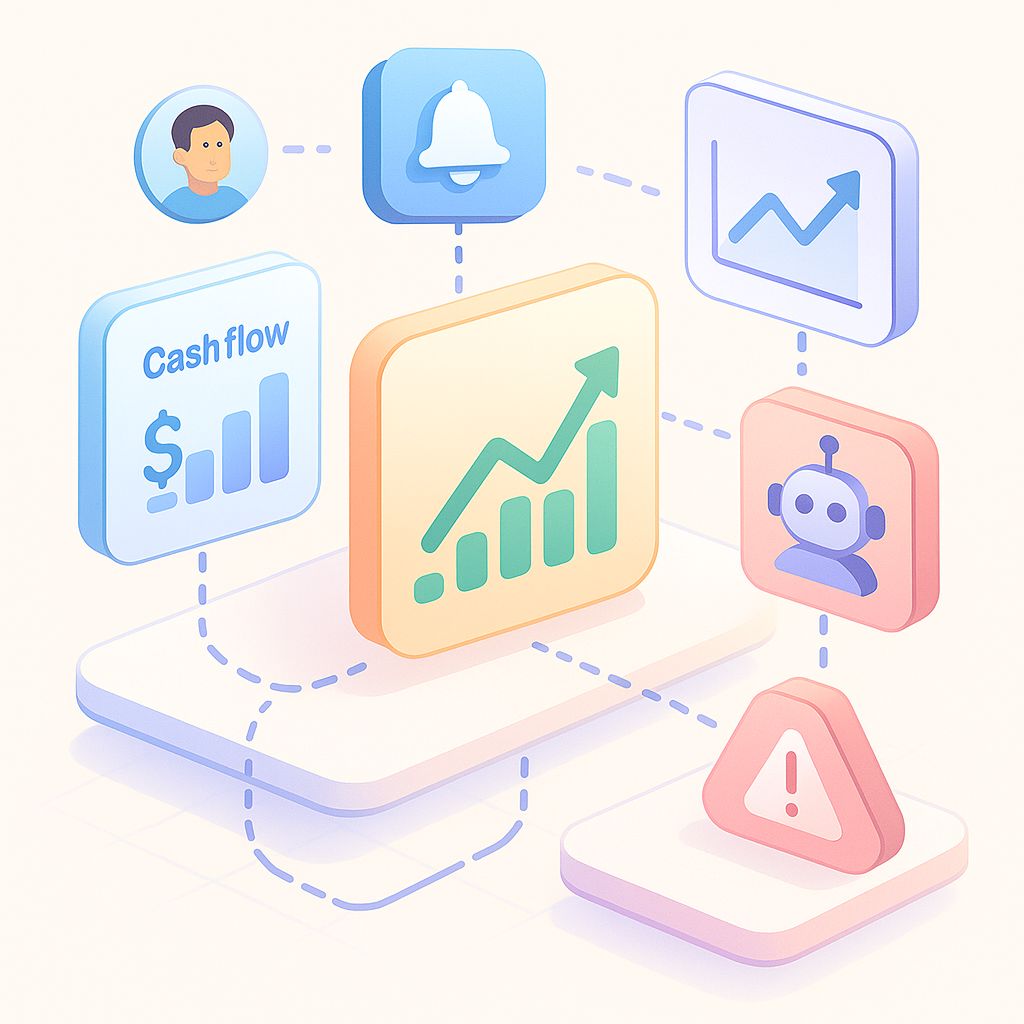 Illustrazione 3D di dashboard cash flow con forecasting, alert e agente AI di supporto