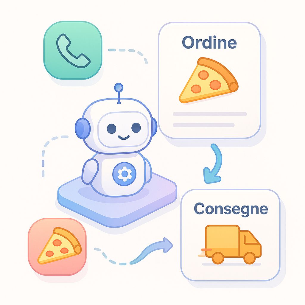 Illustrazione 3D di ordini food delivery con chiamata, carrello, consegna e tracking