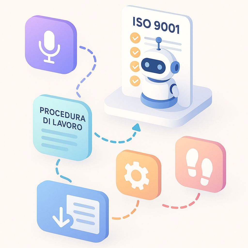 Illustrazione 3D di procedure ISO 9001 con checklist, workflow e controllo conformità