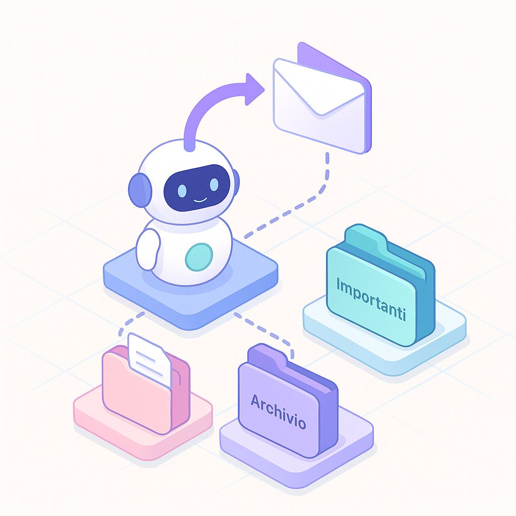 Illustrazione 3D di smistamento email con classificazione, priorità, tagging e routing automatico