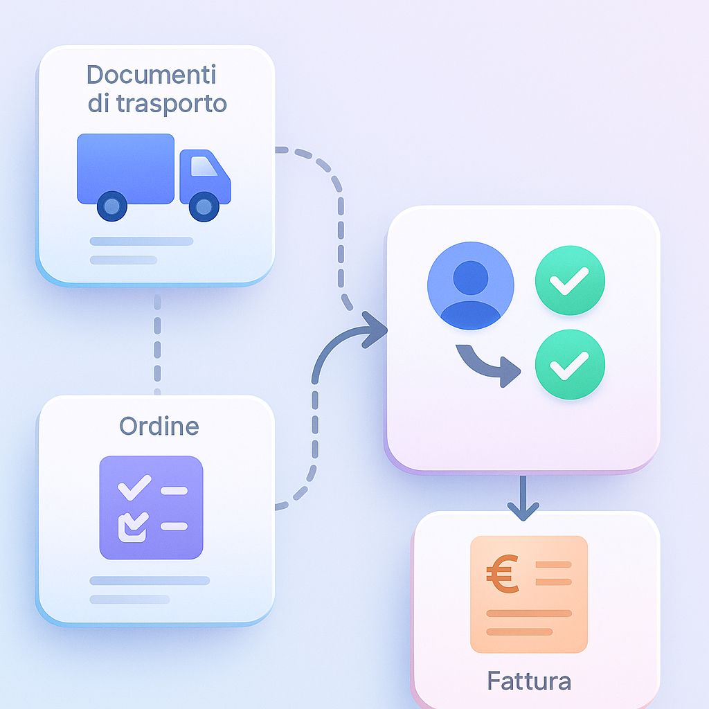 Illustrazione 3D del workflow di verifica matching merci tra documenti, ordine e fattura